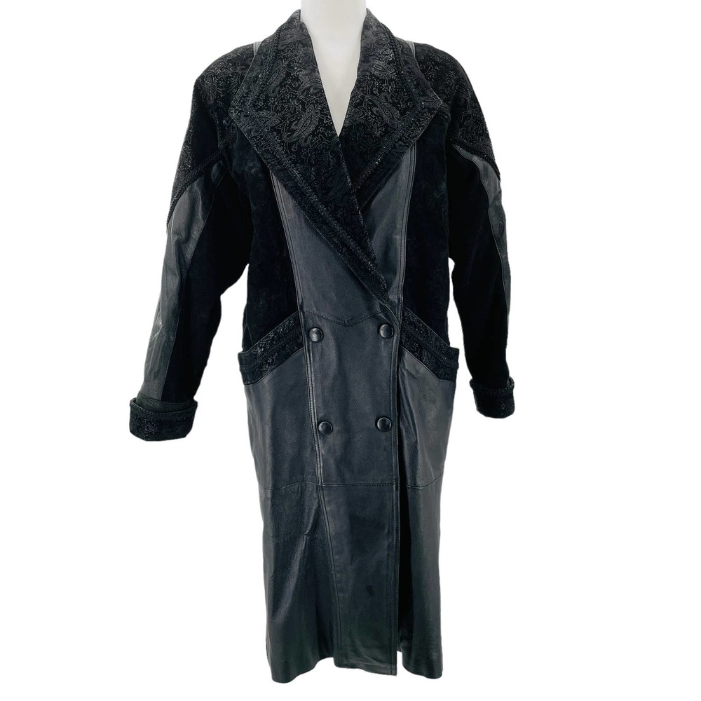 Vintage 80s Wilsons Black Leather Suede Paisley Long Winter Coat Petite Small